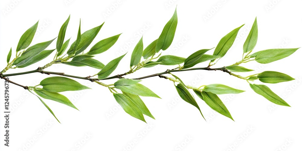 Naklejka premium Green bamboo leaves on an elongated dark branch positioned diagonally against a clean white background showcasing a clipping path for easy use