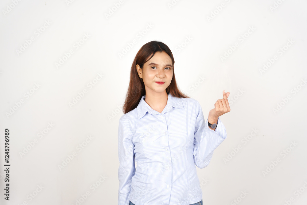 Showing korean finger love Of Beautiful Asian Woman Isolated On White Background Showing korean finger love Of Beautiful Asian Woman Isolated On White Background