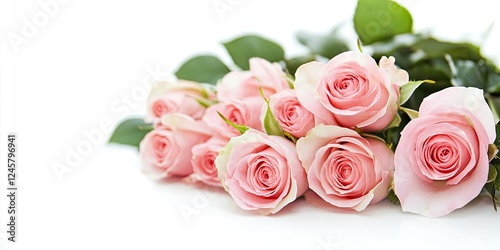 Fototapeta Naklejka Na Ścianę i Meble -  Bouquet of soft pink roses arranged on a white background with lush green leaves in a diagonal position providing ample copy space, selective focus.