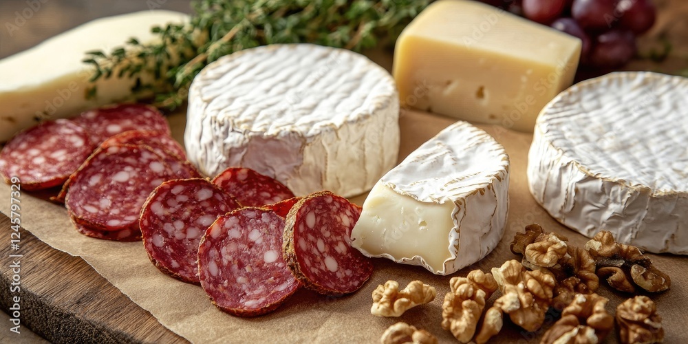 Cheese platter featuring various cheeses like brie and gouda alongside sliced salami, walnuts, and grapes on a wooden board with natural tones. Cheese platter featuring various cheeses like brie and gouda alongside sliced salami, walnuts, and grapes on a wooden board with natural tones.