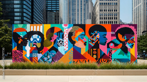 Large mural on a city wall painted during Black Awareness Day, featuring important figures in African and diaspora history, bright colors and symbols of strength and unity, Ai generated images.	 photo