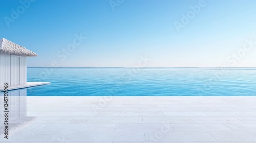 Tropical oceanfront poolside villa  calm sea  clear sky  travel brochure