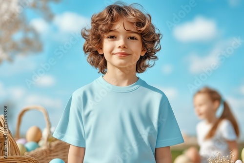 Kids basic t-shirt mockup. Сhildren's regular fit tee template, spring outdoor. Handsome boy wearing casual blue shirt stands outside in nature, kids play Easter egg hunting in background
