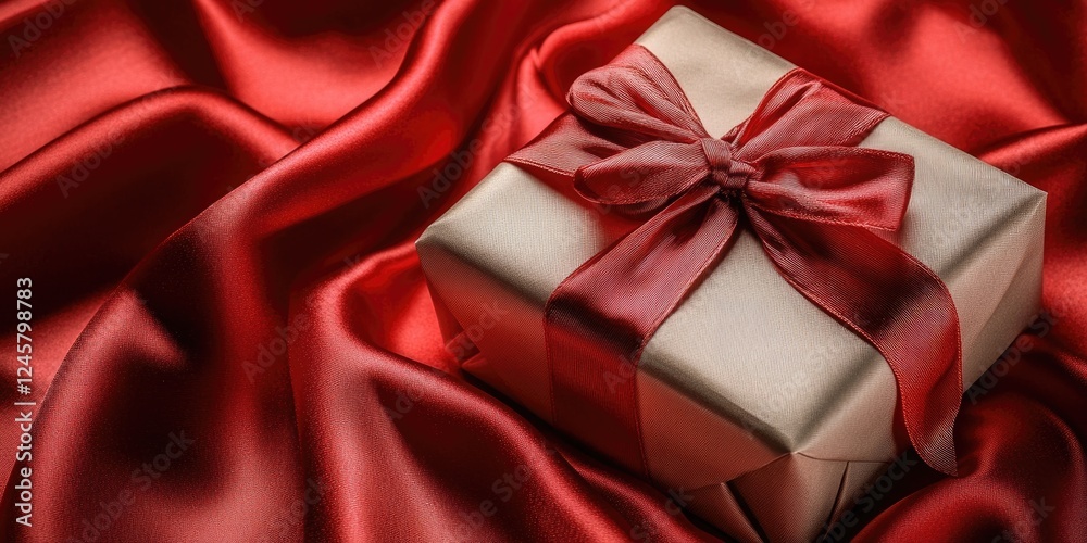 Elegant gold gift box with a red ribbon placed on luxurious red satin fabric creating a festive and sophisticated holiday ambiance. Elegant gold gift box with a red ribbon placed on luxurious red satin fabric creating a festive and sophisticated holiday ambiance.