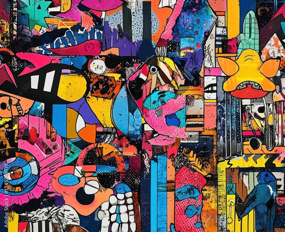 Fototapeta premium Dynamic Sports Graffiti Collage on Urban Brick Wall with Colorful Characters and Symbols