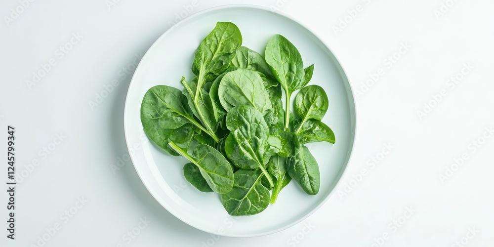 Vibrant green spinach leaves arranged on a circular white plate centered on a soft white background highlighting freshness and healthfulness. Vibrant green spinach leaves arranged on a circular white plate centered on a soft white background highlighting freshness and healthfulness.