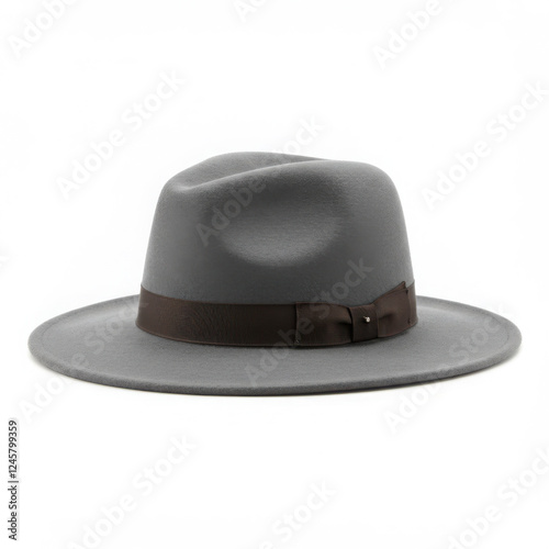 Classic gray fedora hat with a wide brim and stylish band for vintage and modern outfits, isolated on white