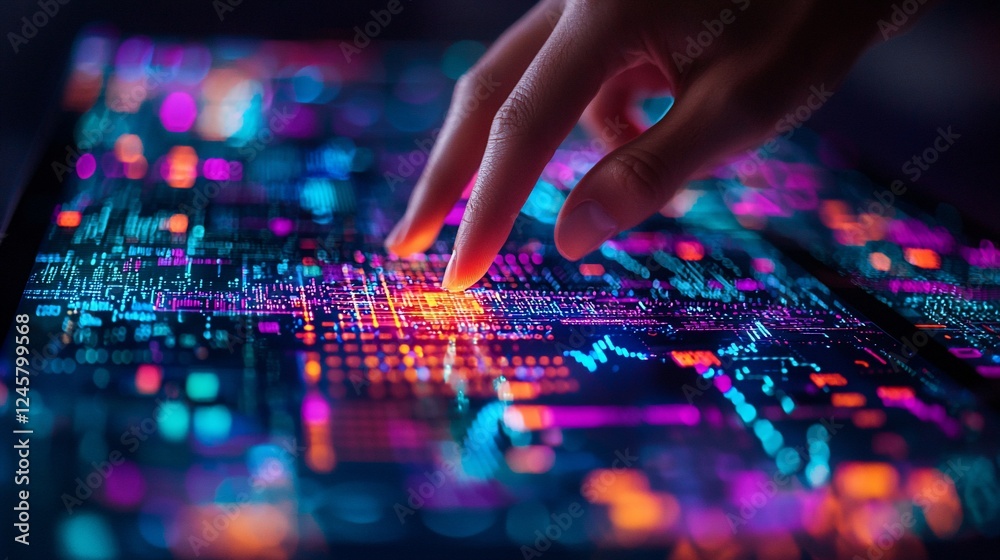 Fingertip interacts with digital data, glowing screen, dark background Fingertip interacts with digital data, glowing screen, dark background