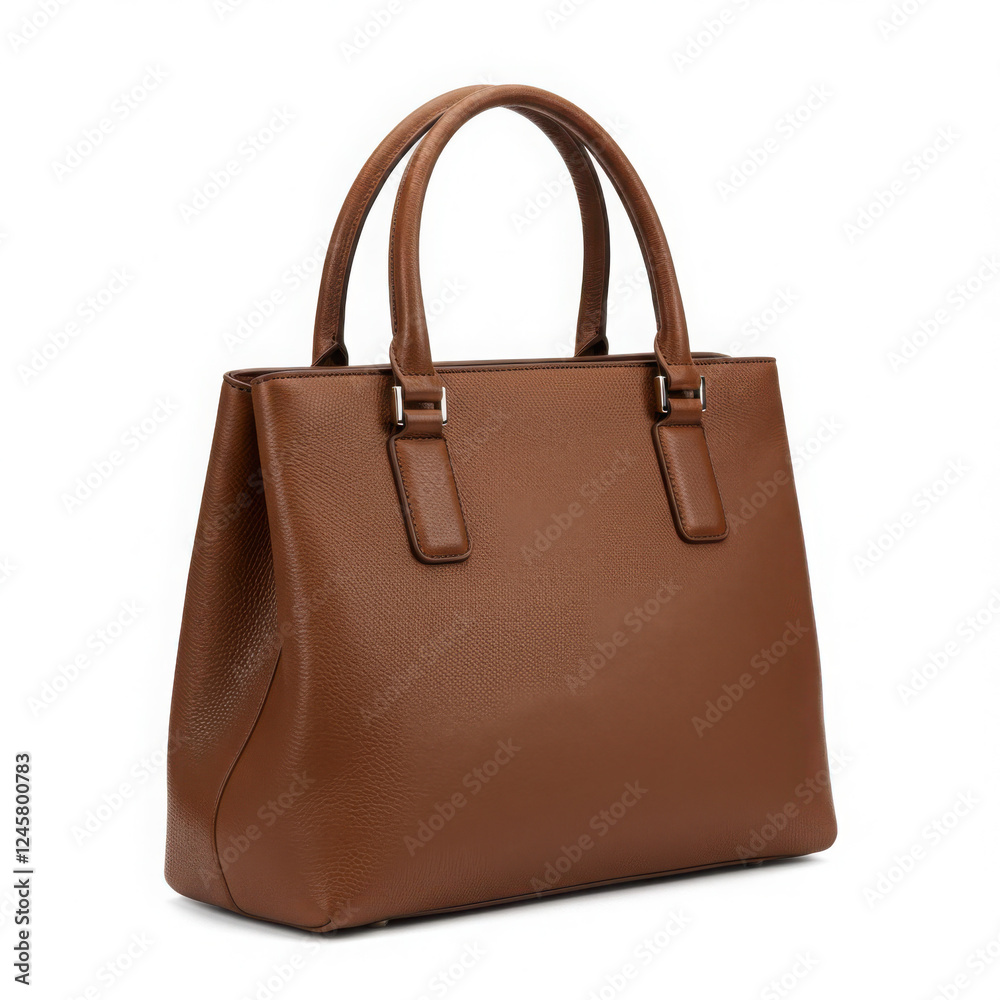 Stylish brown structured handbag with buckle detail and top handle for a sophisticated look, isolated on white Stylish brown structured handbag with buckle detail and top handle for a sophisticated look, isolated on white