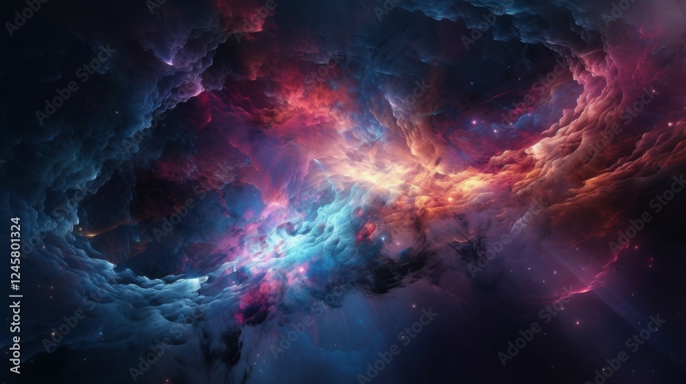 Starry Nebula Clouds: Vibrant Cosmic Abstract with Light Rays Starry Nebula Clouds: Vibrant Cosmic Abstract with Light Rays