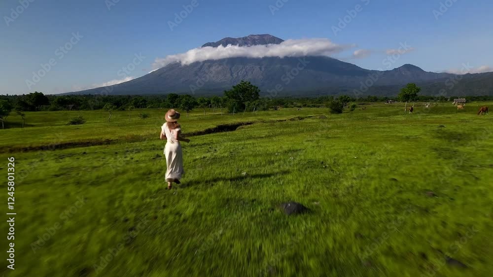 Young woman in white dress running towards a majestic volcano across a lush green meadow, captured by a drone. Young woman in white dress running towards a majestic volcano across a lush green meadow, captured by a drone.