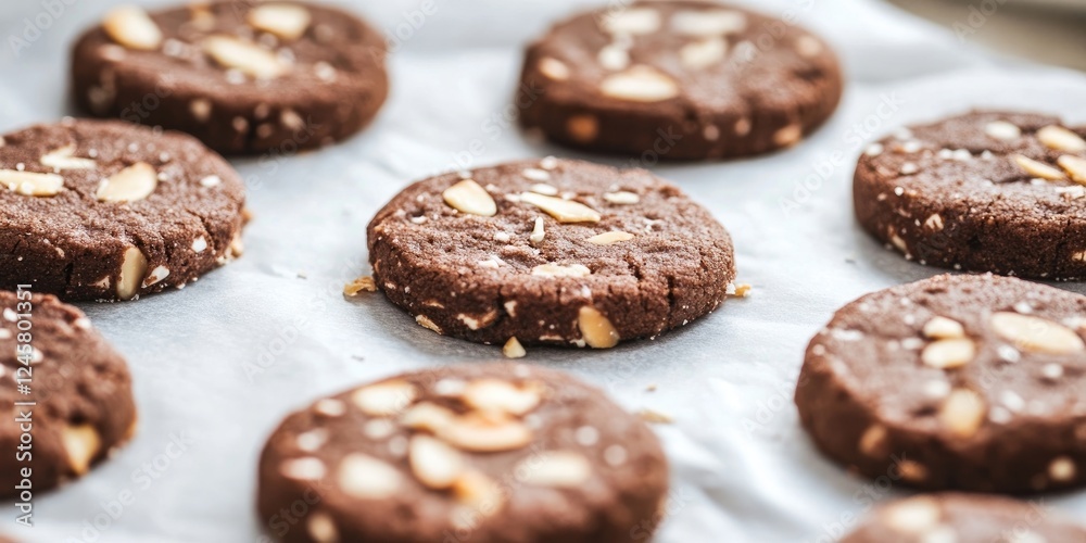 Delicious cocoa almond cookies on light parchment paper ready for baking with a rich brown color and crunchy almond pieces prominently displayed. Delicious cocoa almond cookies on light parchment paper ready for baking with a rich brown color and crunchy almond pieces prominently displayed.