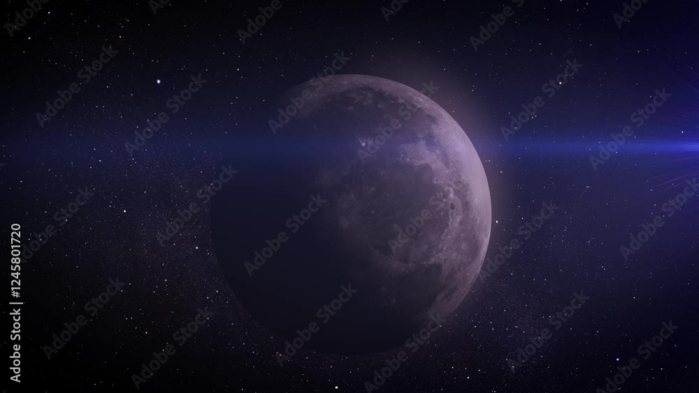 The rugged surface of a distant moon.
A striking depiction of a moon with a rugged, cratered surface, softly illuminated in the darkness of deep space, framed by distant starlight.

