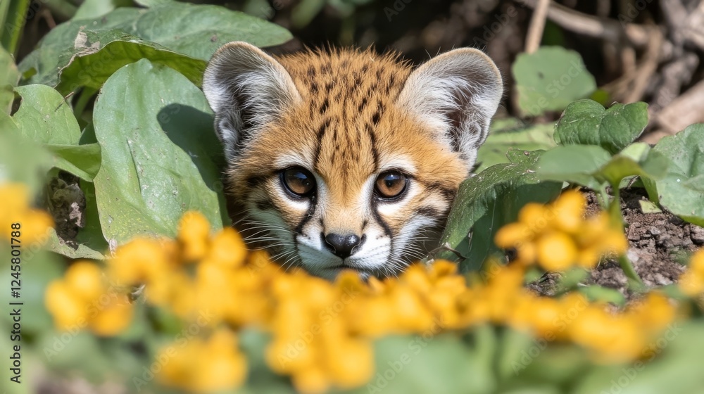 Fototapeta premium Adorable Serval Kitten Hiding in Yellow Flowers