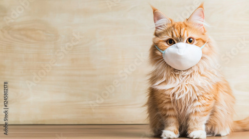 The Impact of PM 2.5 on Health and Environment Themed, Persian cat wearing soft breathing mask sits calmly, showcasing its fluffy fur photo