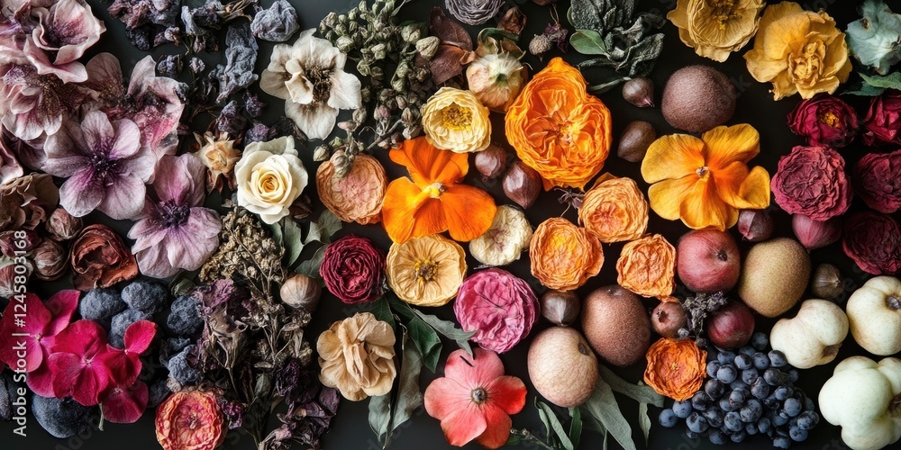 Obraz premium Colorful arrangement of dried and frozen flowers and fruits on a dark background showcasing intricate textures and vibrant hues in a stylish display