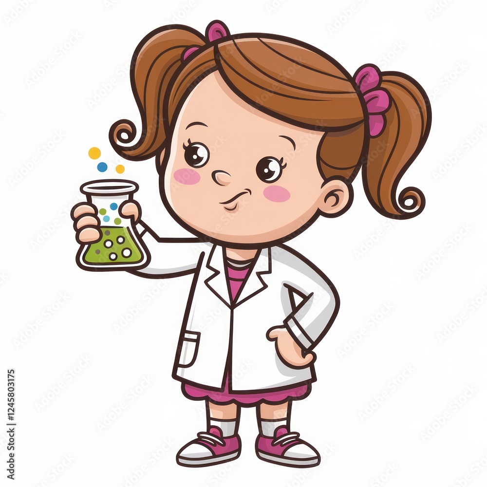 Adorable girl scientist holding a beaker with bubbling liquid. She's wearing a lab coat and has a curious expression. Adorable girl scientist holding a beaker with bubbling liquid. She's wearing a lab coat and has a curious expression.