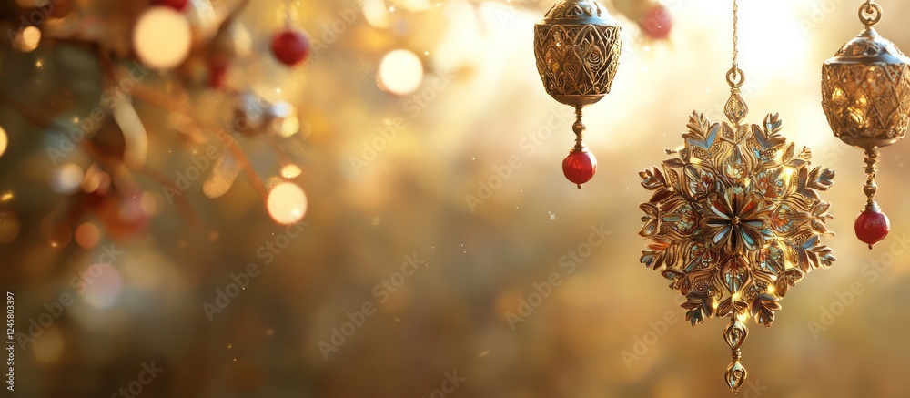Obraz premium Golden snowflake ornaments, bokeh background, holiday greeting