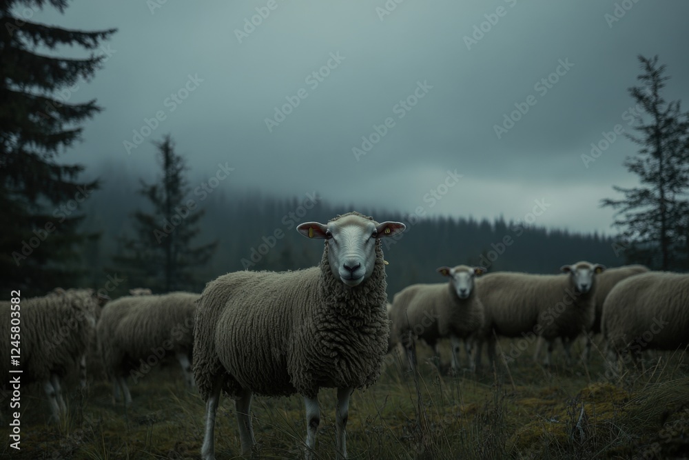 Fototapeta premium A Lone Sheep in a Misty Mountain Landscape