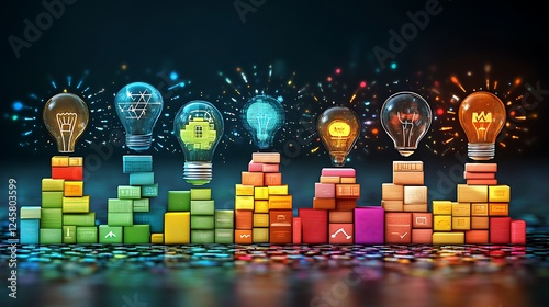 Creative concept with light bulbs and colorful blocks representing ideas and innovation