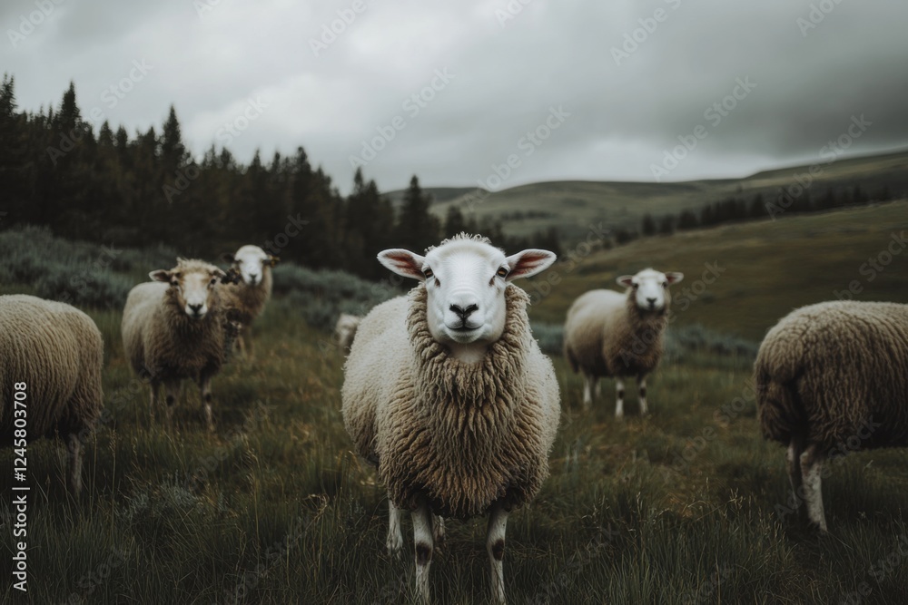Fototapeta premium Serene Sheep in a Misty Mountain Pasture