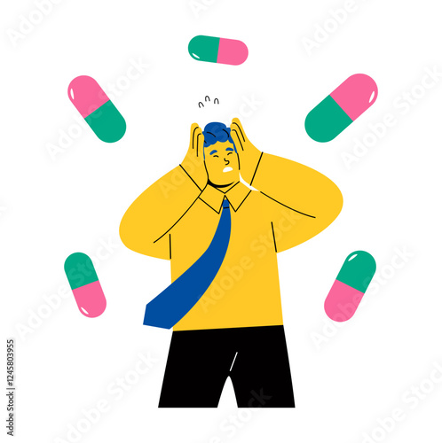 Concept overworked. Business man holding head and standing among capsules. Flat vector illustration isolated on white background