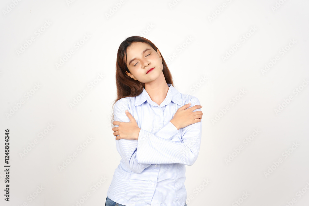 Embracing Herself with Closed Eyes Of Beautiful Asian Woman Isolated On White Background Embracing Herself with Closed Eyes Of Beautiful Asian Woman Isolated On White Background