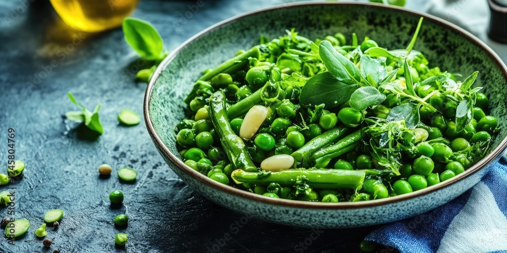 Green pea salad with broad beans and asparagus garnished with herbs, vibrant greens in a patterned bowl, set on a dark textured surface with ample copy space. Green pea salad with broad beans and asparagus garnished with herbs, vibrant greens in a patterned bowl, set on a dark textured surface with ample copy space.