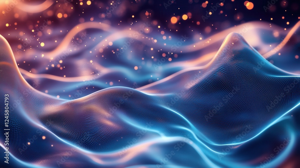Fototapeta premium Glowing bioluminescent waves in deep space, fractal coral reefs merging with nebulas, abstract wallpaper. Creation of Earth, water, magenta-cyan sunset gradients, fantasy background 