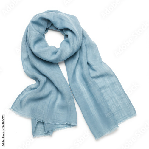 Soft light blue knit scarf with a cozy texture, perfect for winter and fall fashion, isolated on white