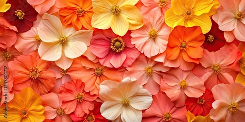 Vibrant floral background featuring a mix of peach, orange, pink, and cream flowers arranged in a dense pattern with yellow centers.