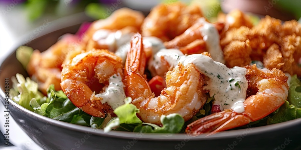 Close up view of a delicious homemade salad with golden fried shrimp and creamy dressing on fresh greens set against a soft fabric backdrop Close up view of a delicious homemade salad with golden fried shrimp and creamy dressing on fresh greens set against a soft fabric backdrop
