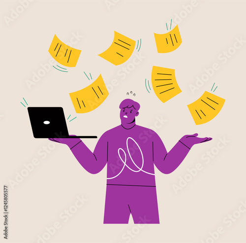 Man carry laptop overwhelmed with online notification. Colorful vector illustration