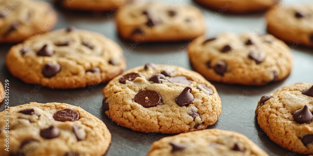 Freshly baked chocolate chip cookies on slate surface, golden brown with rich dark chocolate chips, arranged in neat rows showcasing texture. Freshly baked chocolate chip cookies on slate surface, golden brown with rich dark chocolate chips, arranged in neat rows showcasing texture.