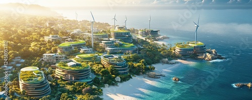 Eco-friendly futuristic coastal homes with turbines