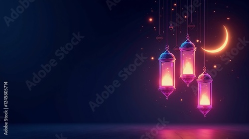 Futuristic Ramadan Mubarak – Neon Lanterns & Holographic Crescent,High-Tech Ramadan Design – Cyber Glow & Digital Islamic Art,Trendy Ramadan Stock Image – Futuristic Glow & Modern Aesthetics,Elegant C