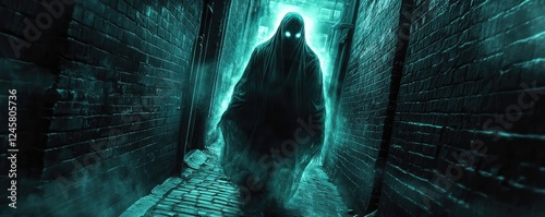 Mysterious spectral figure in dark alleyway at night.