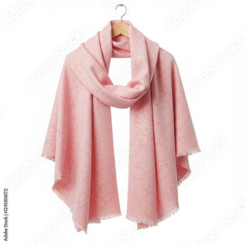 Cozy pink knit scarf with soft texture for warm and stylish winter outfits, isolated on white