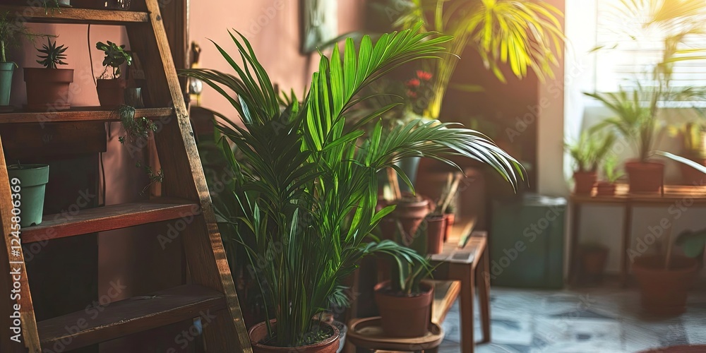 Fototapeta premium Indoor tropical plant scene showcasing a wooden ladder on the left, vibrant green foliage, and warm sunlight illuminating a cozy, stylish room.