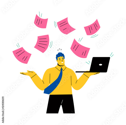 Business man carry laptop overwhelmed with online notification. Flat vector illustration isolated on white background