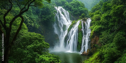 Lush green forest surrounds a majestic waterfall cascading into a tranquil lake, with mist rising in a serene atmosphere of nature's beauty.