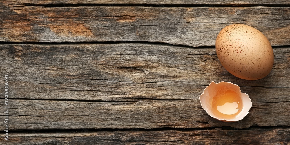 Brown egg and broken egg shell on weathered wooden table with warm tones and ample negative space for text placement on the left side. Brown egg and broken egg shell on weathered wooden table with warm tones and ample negative space for text placement on the left side.