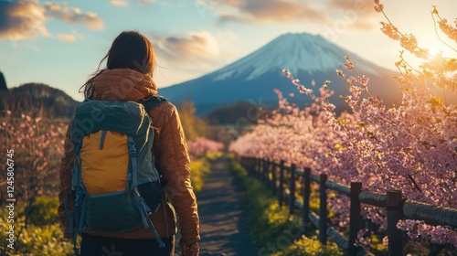 A backpacker visitor travel on holiday trip to Fuji Mountain destination. Japan.	