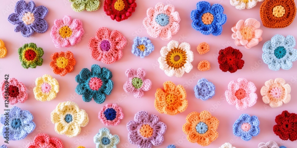 Vibrant crochet flower display art studio crafts colorful top-down view creative inspiration Vibrant crochet flower display art studio crafts colorful top-down view creative inspiration