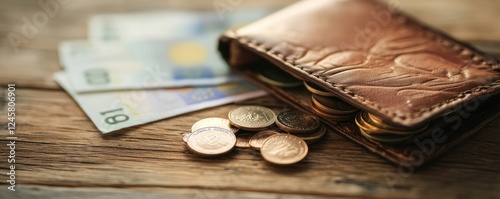 Leather wallet on wooden table with euro currency inside.