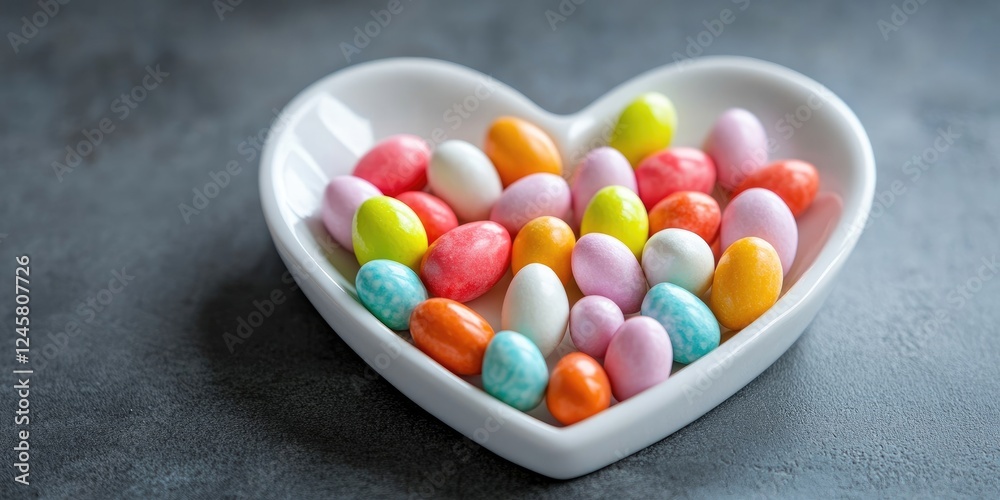 Colorful Easter eggs in various shades of pink, orange, yellow, and blue arranged in a heart-shaped white bowl on a dark grey surface. Colorful Easter eggs in various shades of pink, orange, yellow, and blue arranged in a heart-shaped white bowl on a dark grey surface.