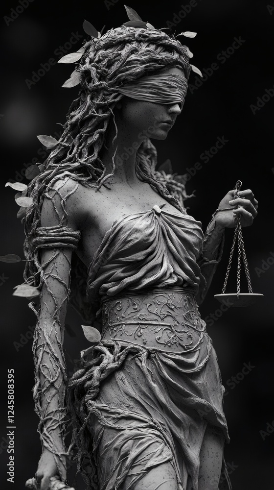 Side view of Justizia formed branches and roots with flowing branch and leaf hair holding a scale blindfolded in a hyperdetailed 3D black and white photo dark blurred background Side view of Justizia formed branches and roots with flowing branch and leaf hair holding a scale blindfolded in a hyperdetailed 3D black and white photo dark blurred background