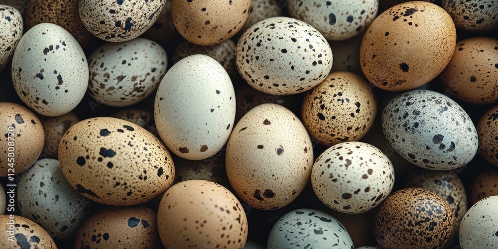 Close up of assorted speckled quail eggs in shades of brown green and cream arranged in a scattered pattern highlighting their unique textures and beauty Close up of assorted speckled quail eggs in shades of brown green and cream arranged in a scattered pattern highlighting their unique textures and beauty