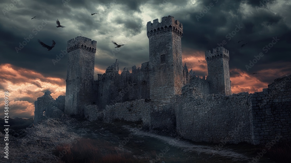 A dramatic image of an old medieval castle with crumbling stone walls, towers, and a dark, ominous sky, reflecting its haunting past and forgotten glory. A dramatic image of an old medieval castle with crumbling stone walls, towers, and a dark, ominous sky, reflecting its haunting past and forgotten glory.