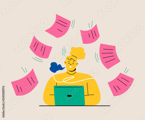 Exhausted woman overworked at workplace. Colorful vector illustration